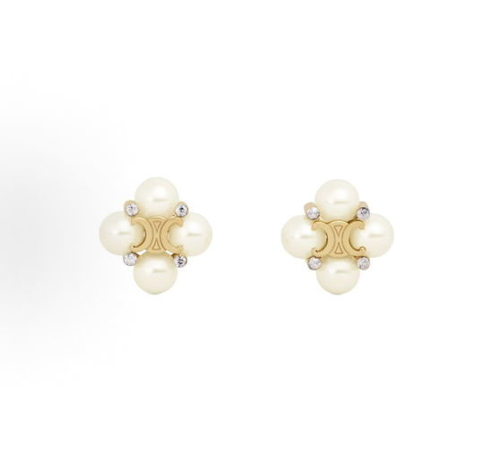 Celine Lucky Clover Pearl Stud Earrings
