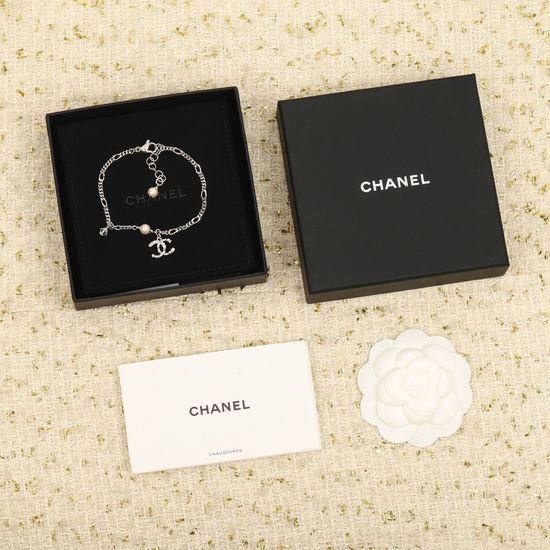 Chanel Elegant Double C Chain Bracelet with Pearls