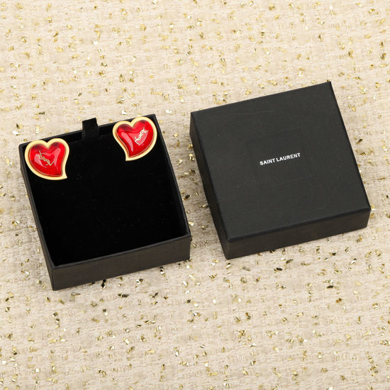 Yves Saint Laurent YSL Vintage Red Heart Gold Earrings