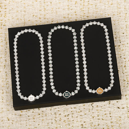 Miu Miu Enamel Letter Pendant Crystal Necklace