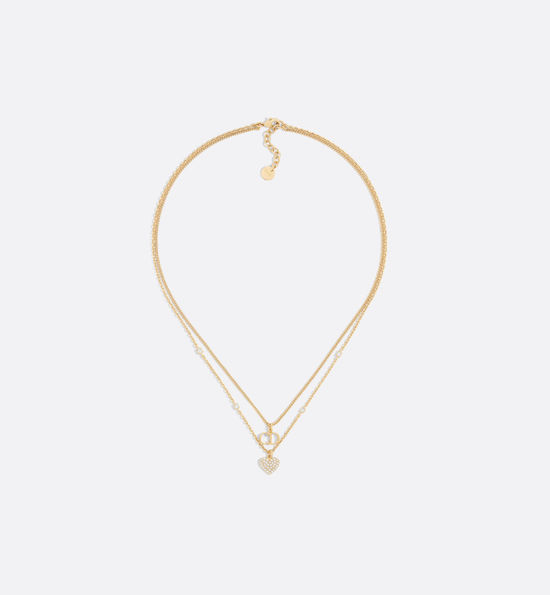 Christian Dior CD Dual Chain Pendant Necklace Crystal Inlay Design