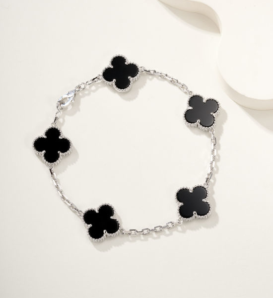 Van Cleef & Arpels VCA White Gold Onyx Five Flower Bracelet
