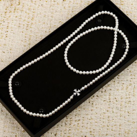 Chrome Hearts Pearl Cross Long Necklace Silver Plated