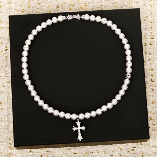 Chrome Hearts Pearl Cross Necklace Classic Elegant Jewelry