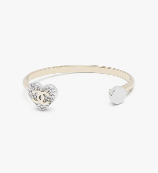 Chanel Heart Design Full Crystal Open Bangle Elegant Polished Jewelry