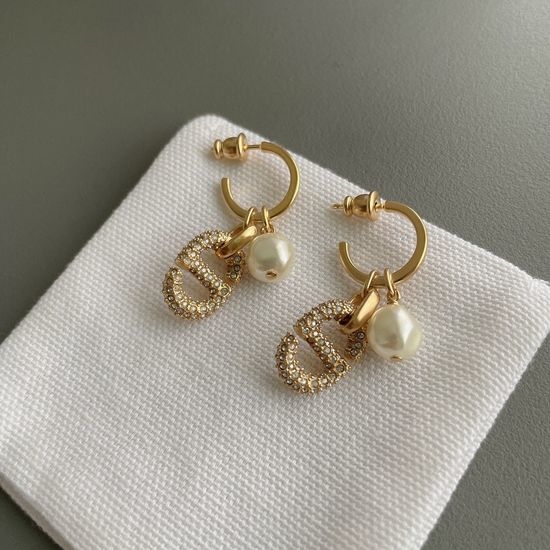 Christian Dior CD Rhinestone Pearl Drop Hook Earrings