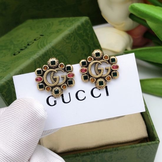 Gucci Red Rhinestone Decorated Stud Earrings