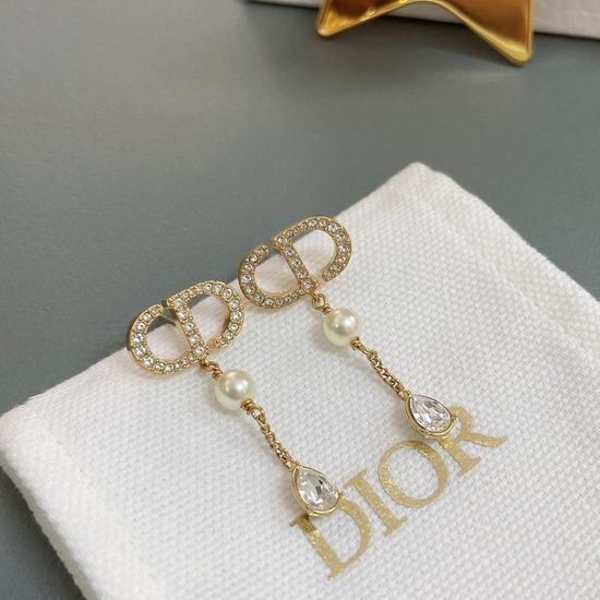 Christian Dior CD Pearl Rhinestone Drop Earrings Classic Elegant Design