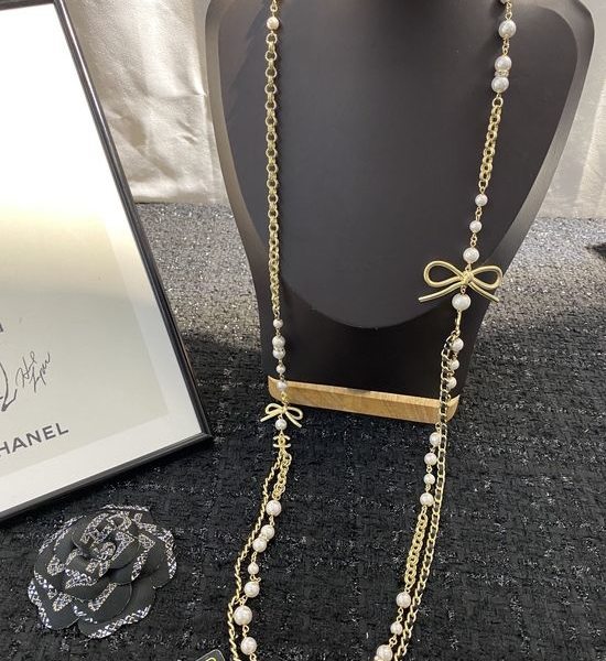 Chanel Bow Pearl Leather Chain Long Necklace