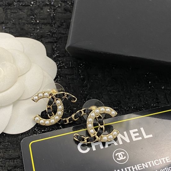 Chanel Vintage Pearl Half Leather Stud Earrings