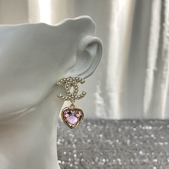 Chanel Pink Heart Crystal Drop Earrings