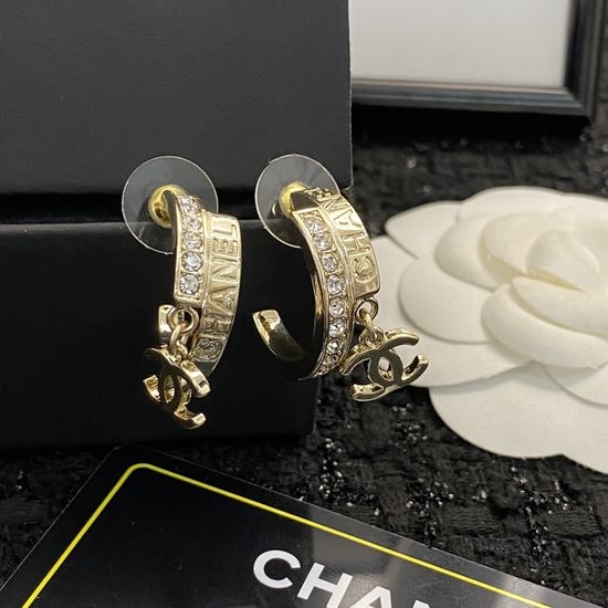 Chanel Engraved Rhinestone Hoop Earrings