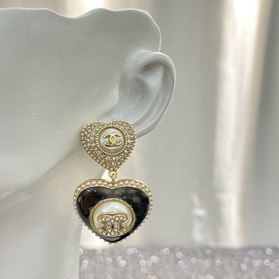 Chanel Full Rhinestone Heart Dangle Earrings