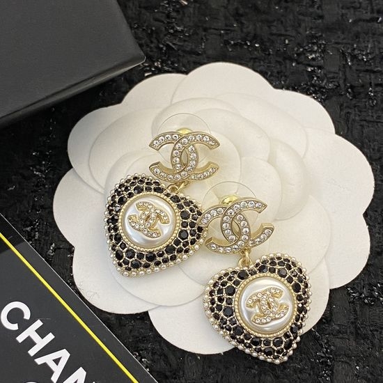 Chanel Black Rhinestone Pearl Heart Earrings