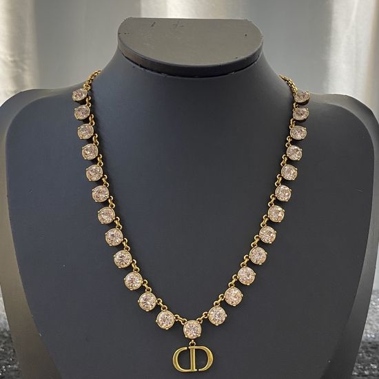 Christian Dior CD Pink Crystal Vintage Brass Necklace
