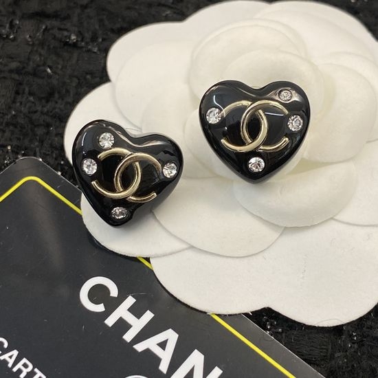 Chanel Black Acrylic Heart Stud Earrings with Diamonds