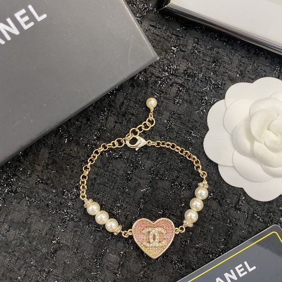Chanel Pearl Heart Bracelet Rhinestone Inlaid