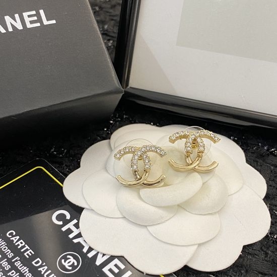 Chanel Half Rhinestone Stud Earrings Minimalist Jewelry