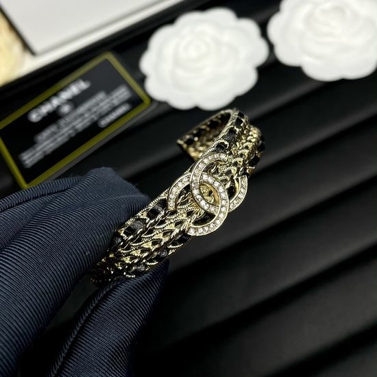 Chanel Black Leather Diamond Open Bangle
