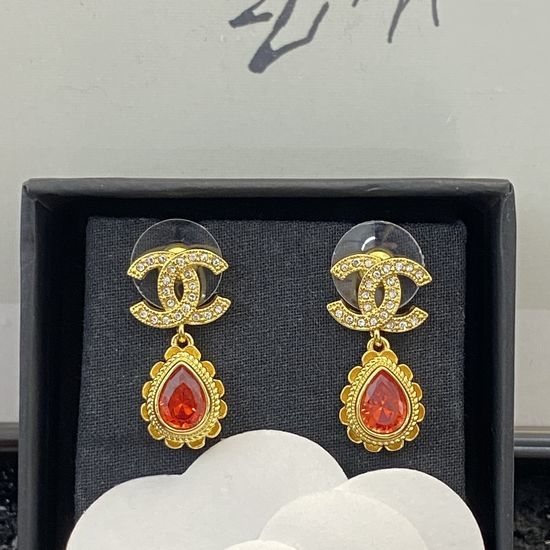 Chanel Light Gold Ruby Drop Earrings