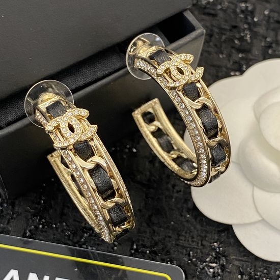 Chanel Leather Chain Diamond Hoop Earrings
