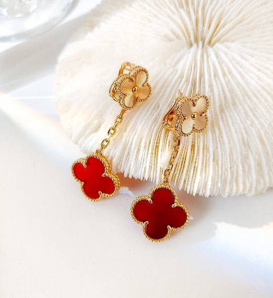 Van Cleef & Arpels VCA Carnelian Carved Flower Earrings Elegant Style