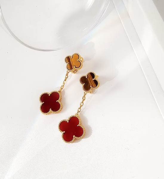 Van Cleef & Arpels VCA Four-Leaf Clover Double Flower Tiger s Eye Earrings