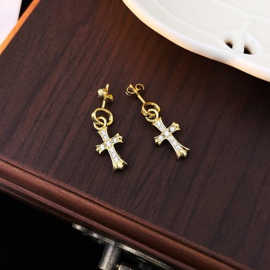Chrome Hearts Cross Gold Diamond Stud Earrings