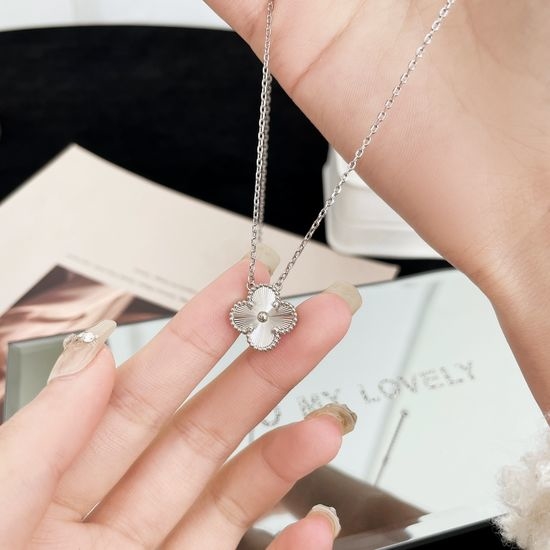 Van Cleef & Arpels VCA White Gold Carved Clover Necklace