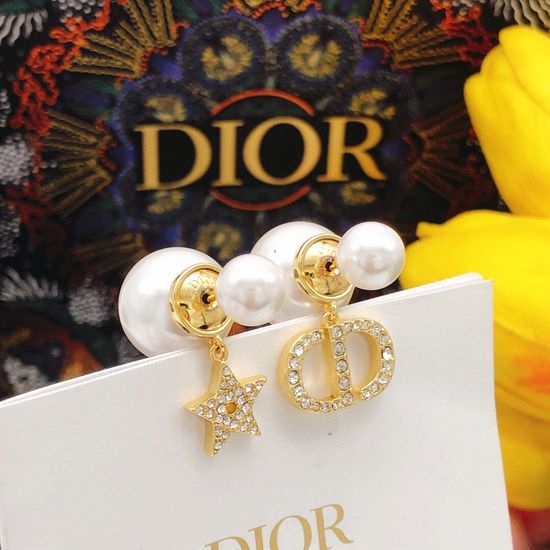 Christian Dior CD Diamond Pearl Star Stud Earrings