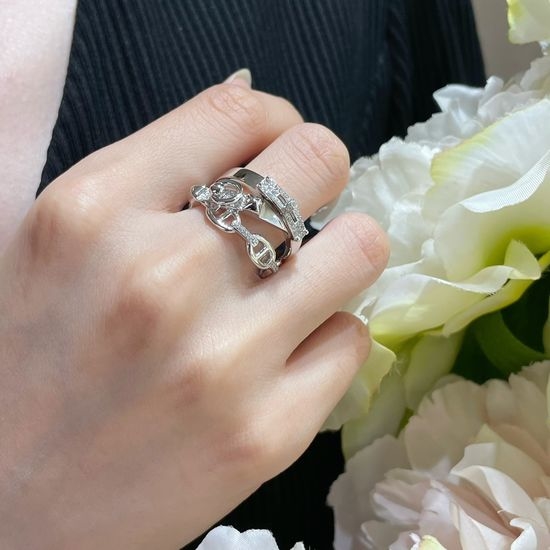 Hermes Diamond Inlaid Gold Textured Ring