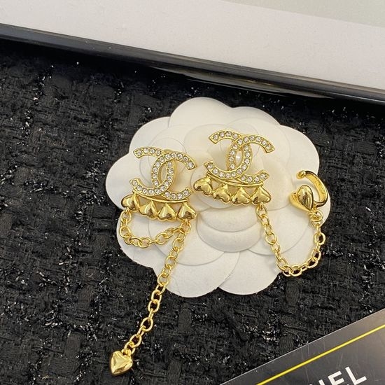 Chanel Heart Rhinestone Asymmetric Earrings