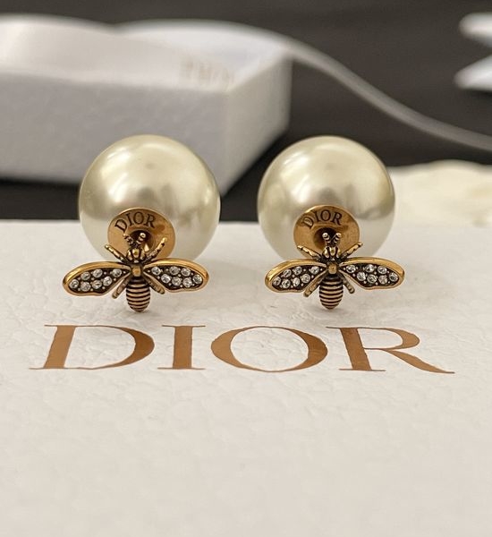 Christian Dior CD Bee Crystal Pearl Delicate Stud Earrings