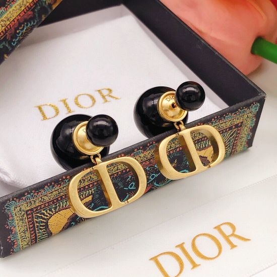 Christian Dior CD Letter Pearl Drop Earrings Black Gold