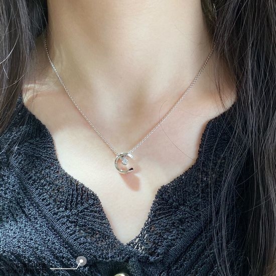 Chanel Quilted Pattern Crescent Zircon Pendant Necklace