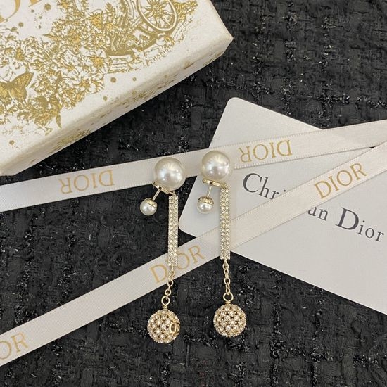 Christian Dior CD Rhinestone Hollow Flower Ball Drop Earrings