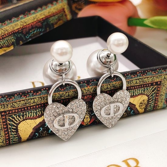 Christian Dior CD Pearl Heart Silver CZ Earrings Brass Material