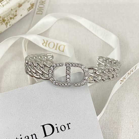 Christian Dior CD Rhinestone White Gold Woven Bangle