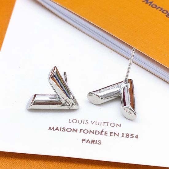 Louis Vuitton LV Mini V Shape Glossy Silver Stud Earrings