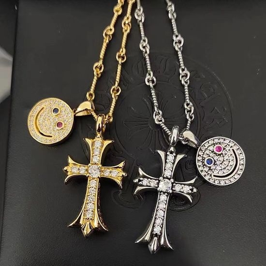 Chrome Hearts Smiley Cross Rhinestone Pendant Necklace