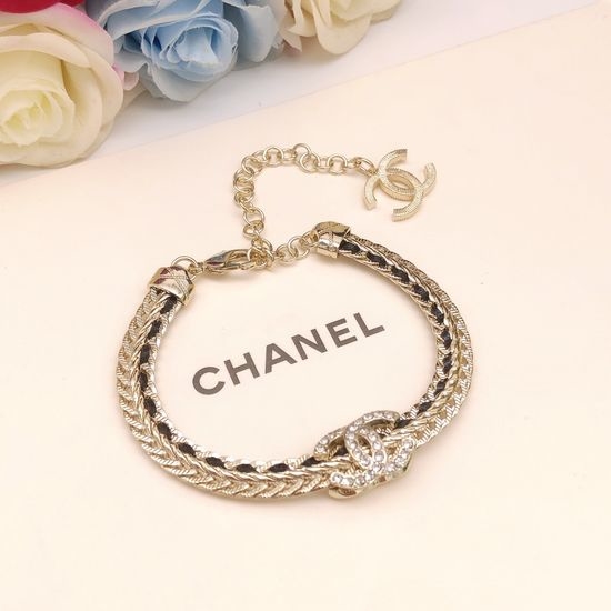 Chanel Black Leather Strap Brass Bracelet