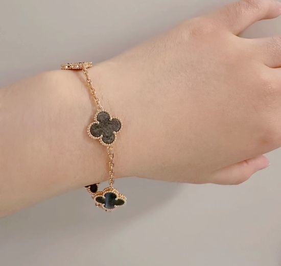 Van Cleef & Arpels VCA Natural Silver Obsidian Clover Bracelet