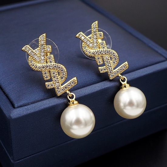 Yves Saint Laurent YSL Rhinestone Pearl Dangle Earrings