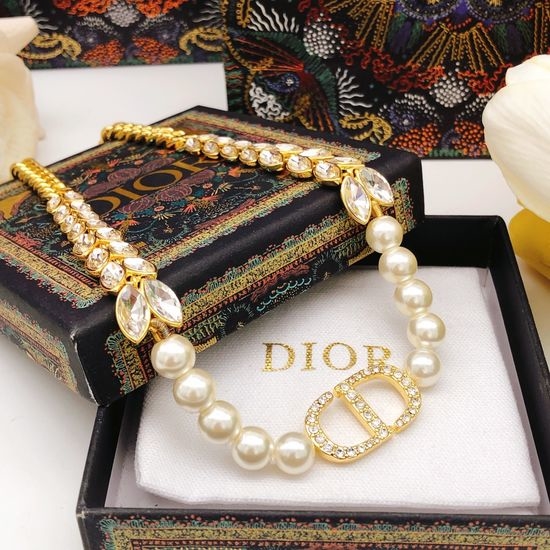 Christian Dior CD Sparkling Leaf Rhinestone Brass Necklace