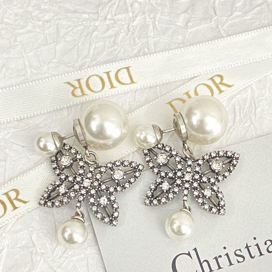 Christian Dior CD Vintage Butterfly Rhinestone Pearl Stud Earrings