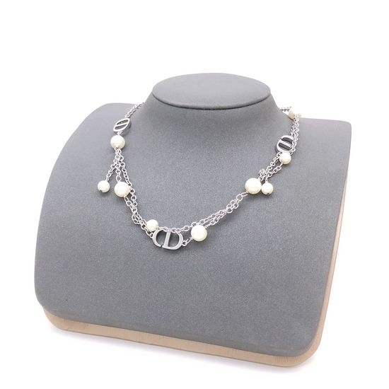 Christian Dior CD Silver Pearl Tassel Pendant Necklace