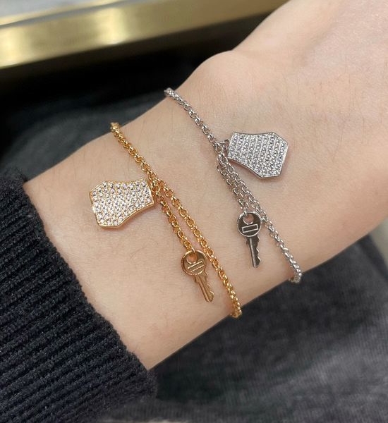 Hermes Lock Key Rhinestone Decor Charm Bracelet