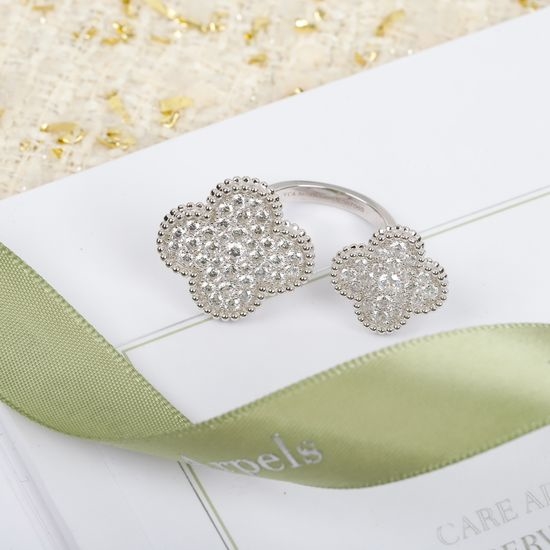 Van Cleef & Arpels VCA Asymmetric Open Ring Clover Pattern Inlaid Zircon