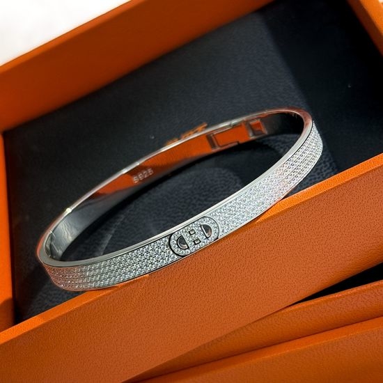 Hermes Pavé Diamond Cuff Silver Bangle