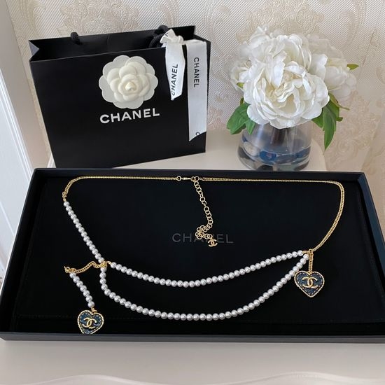 Chanel Denim Heart Pearl Chain Waist Belt